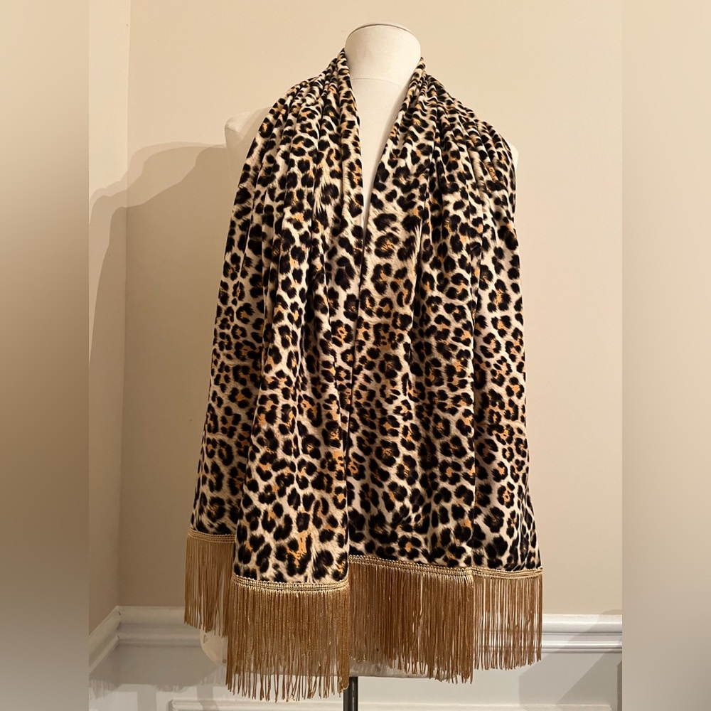 Handcrafted Animal Cheetah Print Scarf with Gold Fringe